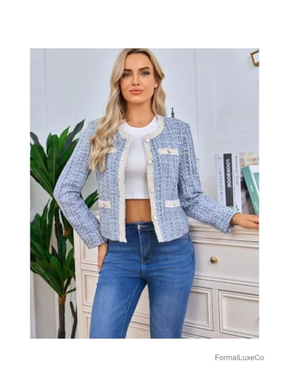 Women's Tweed Cropped Blazer Long Sleeve Crewneck Open Front Lace Trim Plaid